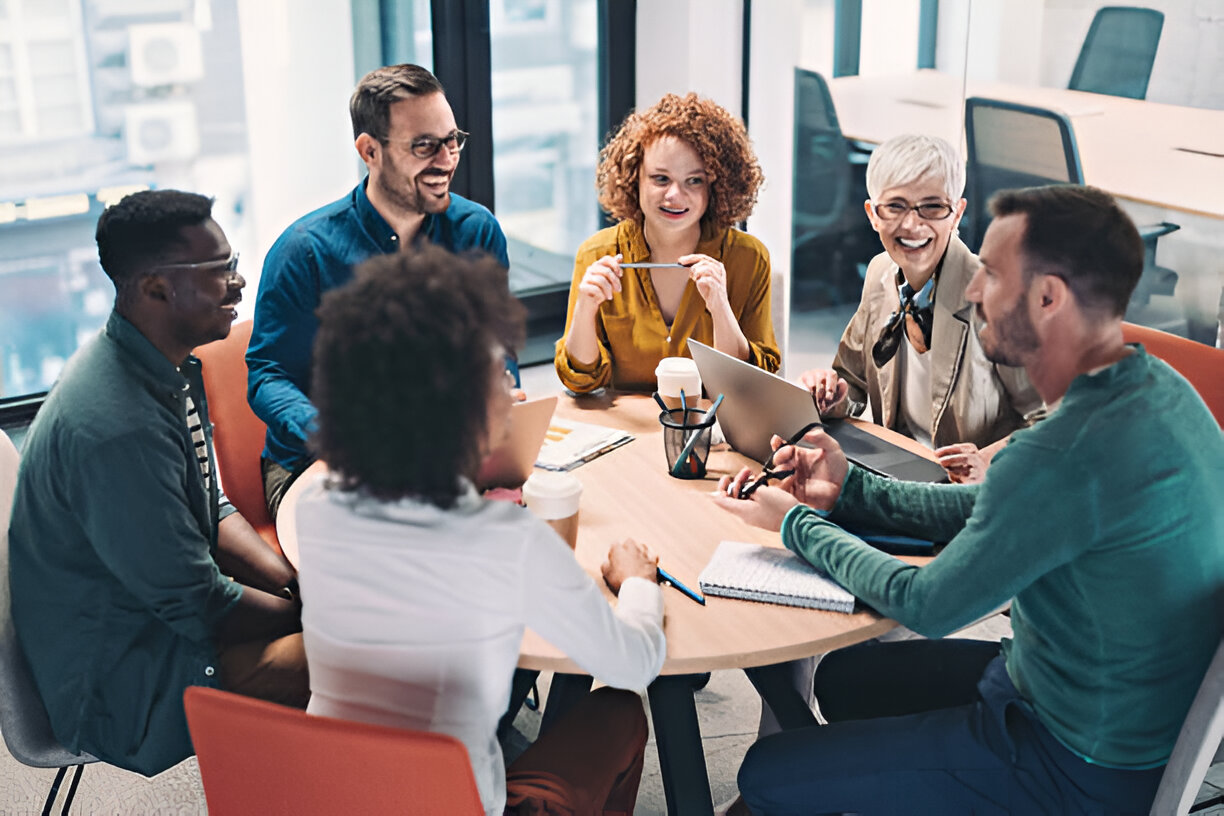 Diverse professionals in brainstorming session